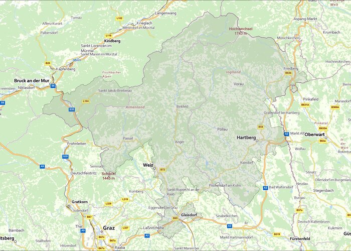 Map view of the adventure region Eastern Styria