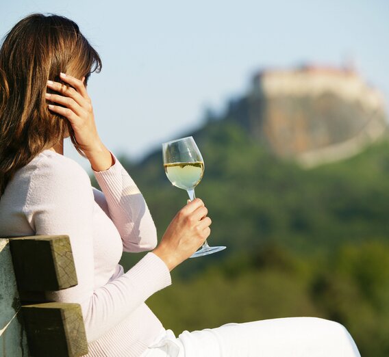 Mit einem Glas Wein die Aussicht genießen | © Thermen- & Vulkanland  | Harald Eisenberger
