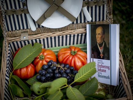 Prall gefüllter Picknickkorb mit Obst, Gemüse und einem Buch über Erzherzog Johann, Steiermark