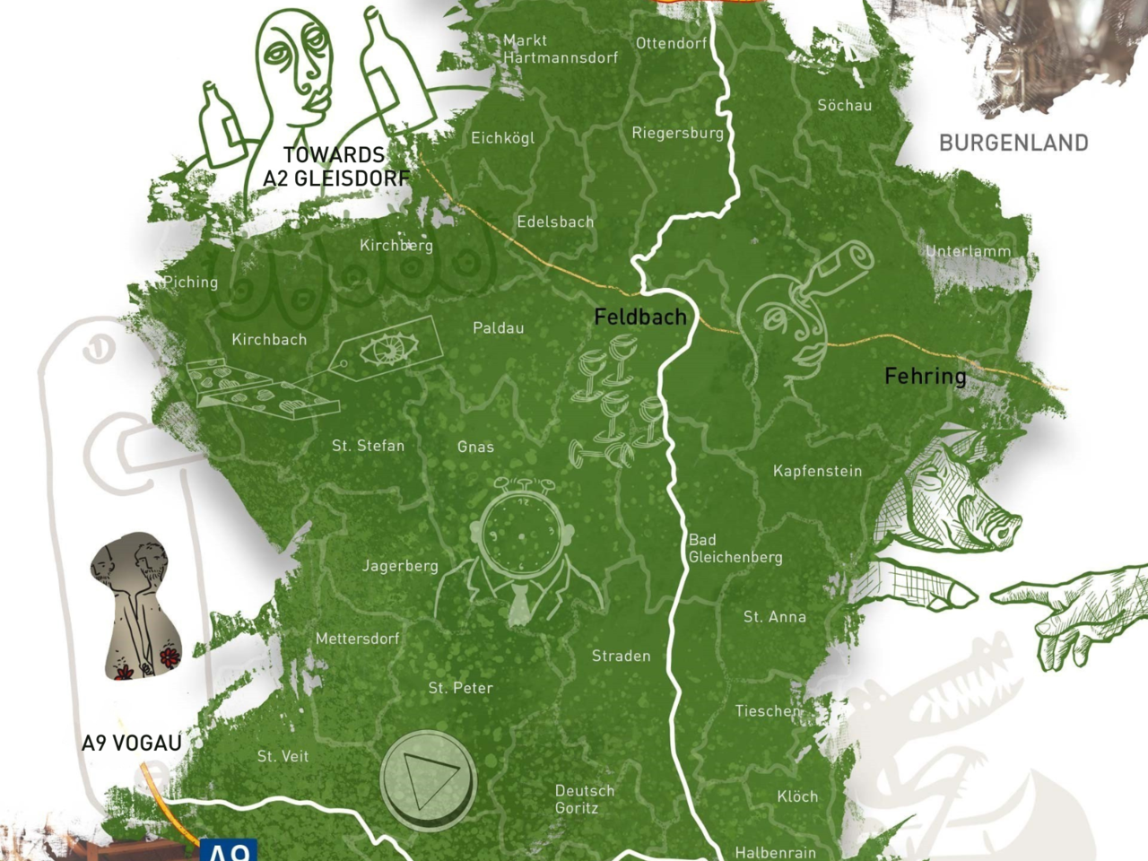 Illustrated map of the "Vulkanland Route 66" in the Thermen- & Vulkanland region of Styria, Austria, highlighting towns like Bad Radkersburg, Feldbach, Riegersburg, Fehring and Klöch, with major highways A2 and A9 – perfect for wine, culinary and leisure travel planning in Southeast Styria.
