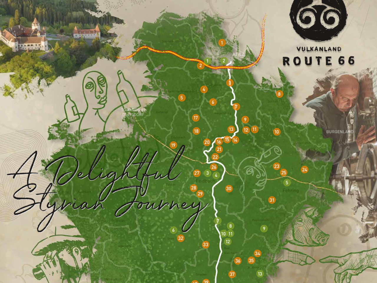 Overview map of the Vulkanland Route 66 – Road of Joie de Vivre in the Thermen- & Vulkanland Styria, showing the route and numerous culinary and experience stops.