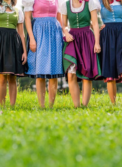 Women in colorful dirndls dance on the green meadow in Styria