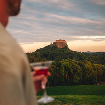 Riegersburg auf einem markanten Felsen in der Steiermark, umgeben von bewaldeter Hügellandschaft und Feldern, mit einer Person und einem Glas im Vordergrund.