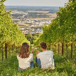 Couple tasting Sturm in a vineyard in Hartberg with a view of Hartbergerland
