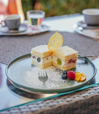 Leckeres Dessert mit Früchten und Sahne