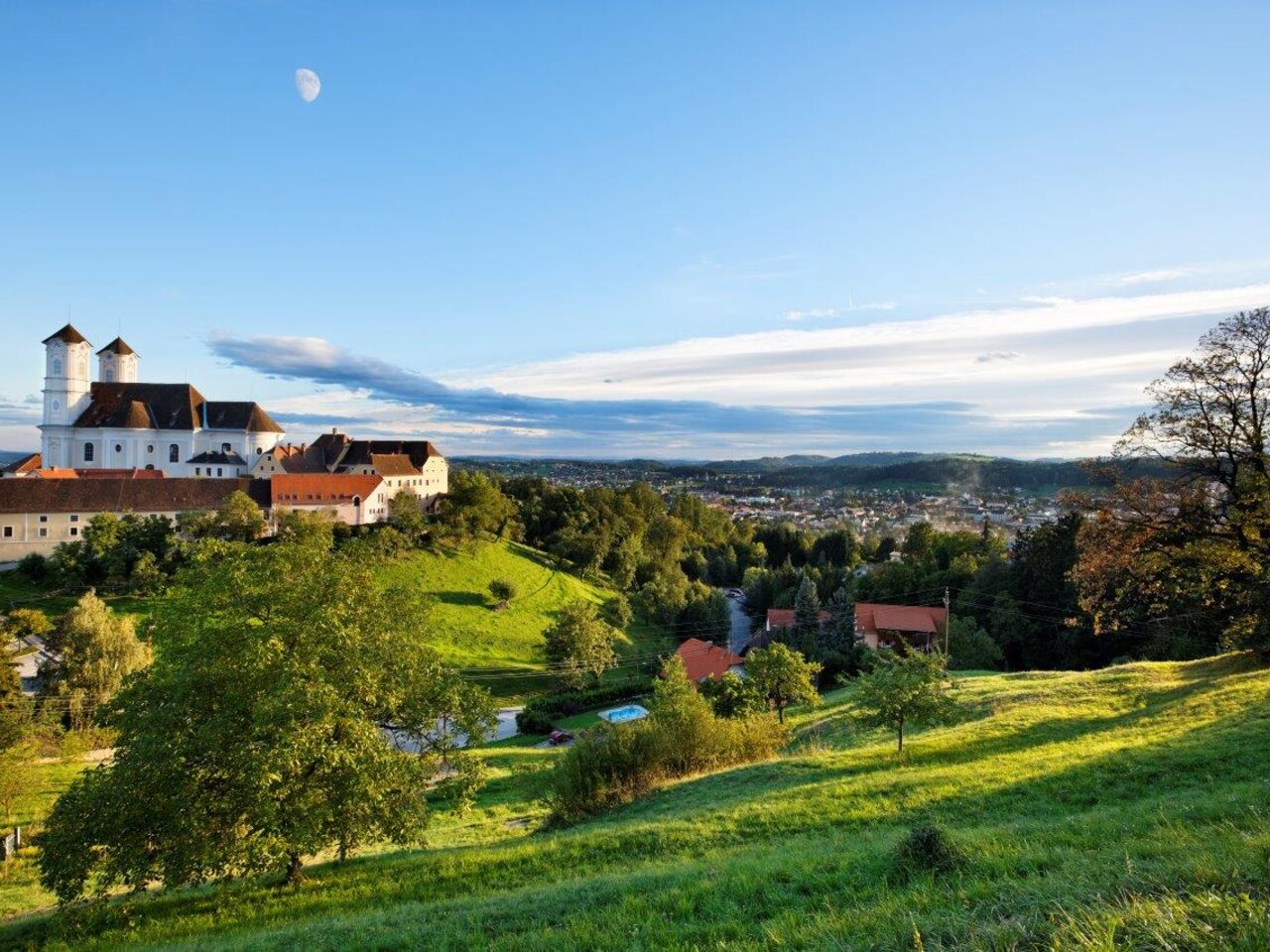 Panoramic view of Weiz and basilica in Eastern Styria