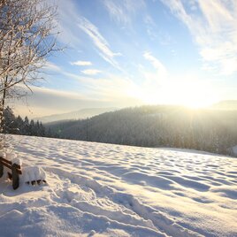 Verschneiter Rastplatz mit Aussicht in der Joglland-Waldheimat in der Oststeiermark