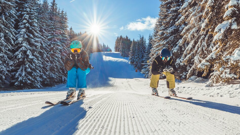 2 Skifahrer in der Hocke