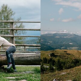 Radfahrer mit E-Bikes und Wanderer auf einer aussichtsreichen Alm bei einer Bike-&-Hike-Tour
