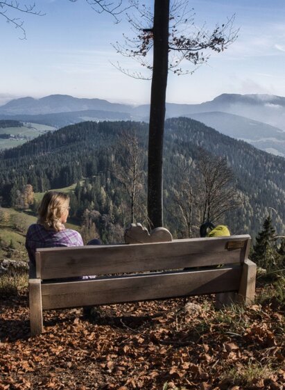Frau sitzt auf Bank mit Blick über das hügelige Panorama am Hochtrötsch