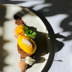 Fein angerichtetes Dessert mit Fruchtsorbet, Schokolade, Creme und Minze beim Trautentalwirt in der Erlebnisregion Graz.