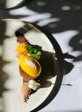 Plated dessert with fruit sorbet, chocolate, cream and mint at Trautentalwirt in the Graz Region.