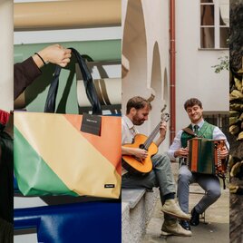 Collage mit Menschen in Tracht, Musikern, einer bunten Tasche und Gewürzen