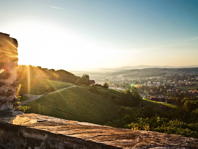 Blick von der Burg Deutschlandsberg auf die Stadt und die umliegenden Weingärten