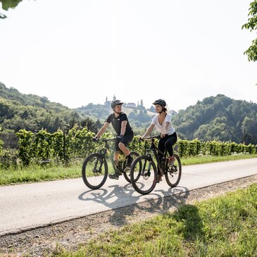 Ein Pärchen mit dem Rad auf der Sausaler Tour von Weinbergen umgeben