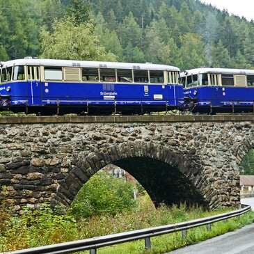 Die Bahn fährt gerade über eine Brücke mit Viadukten, darunter führt eine Straße durch.