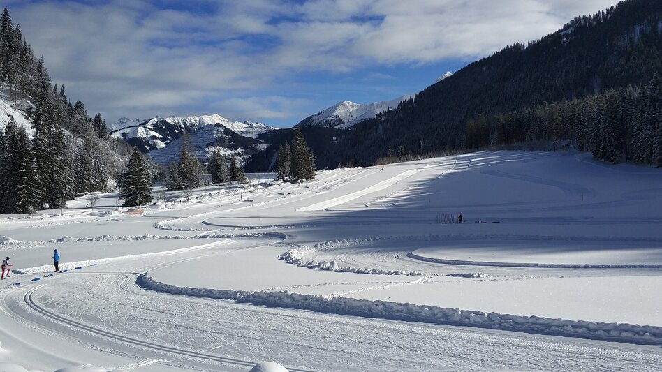 Langlaufstrecke in der Eisenerzer Ramsau umgeben von Bergen und Wäldern.