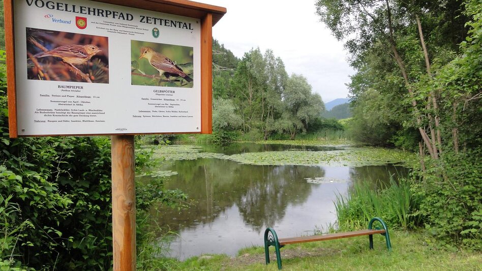 Schild von Vogellehrpfad Zettental an einem Teich mit einer Bank davor
