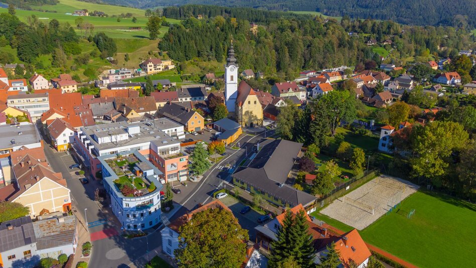 Innenstadt von oben mit Wiesen und Bäumen