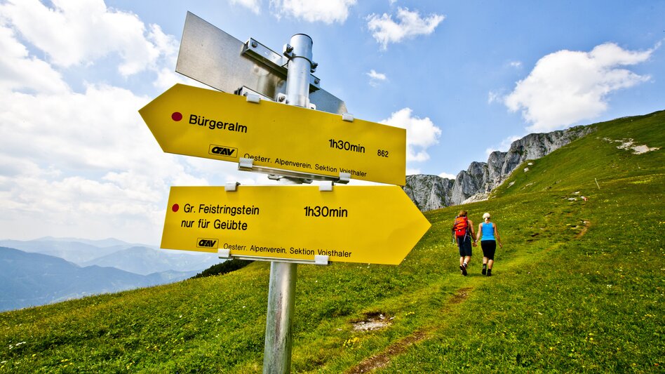 Im Vordergrund ein Wegweiser, im Hintergrund eine Almlandschaft und zwei Wanderer die Richtung Gipfel wandern