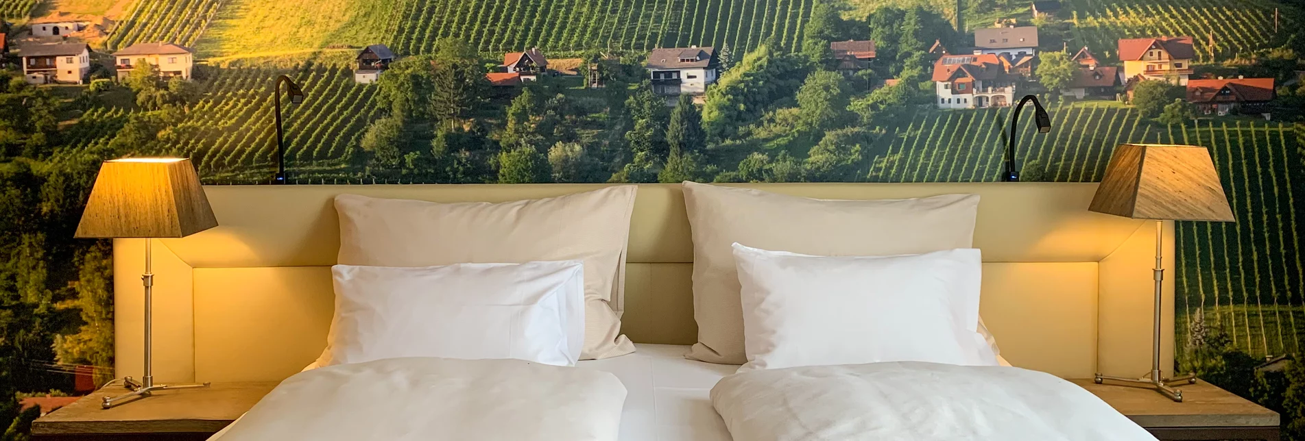 Doppelzimmer mit Weingärten von Hochgrail als Kulisse | © Stainzerhof