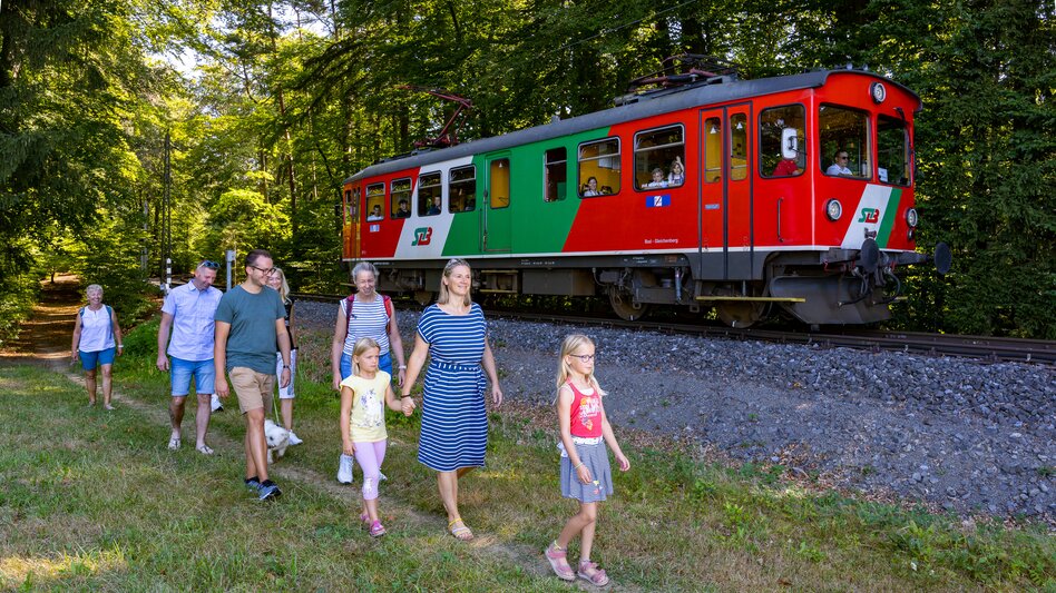 Eine Personengruppe spaziert einen kleinen Schotterweg entlang, der sich im sicheren Abstand zu den Gleisen befindet. Neben der Gruppe fährt die Gleichenbergerbahn vorbei. Aus der Bahn blicken die Mitfahrenden fröhlich zu der spazierende Gruppe hinaus.    | © StB