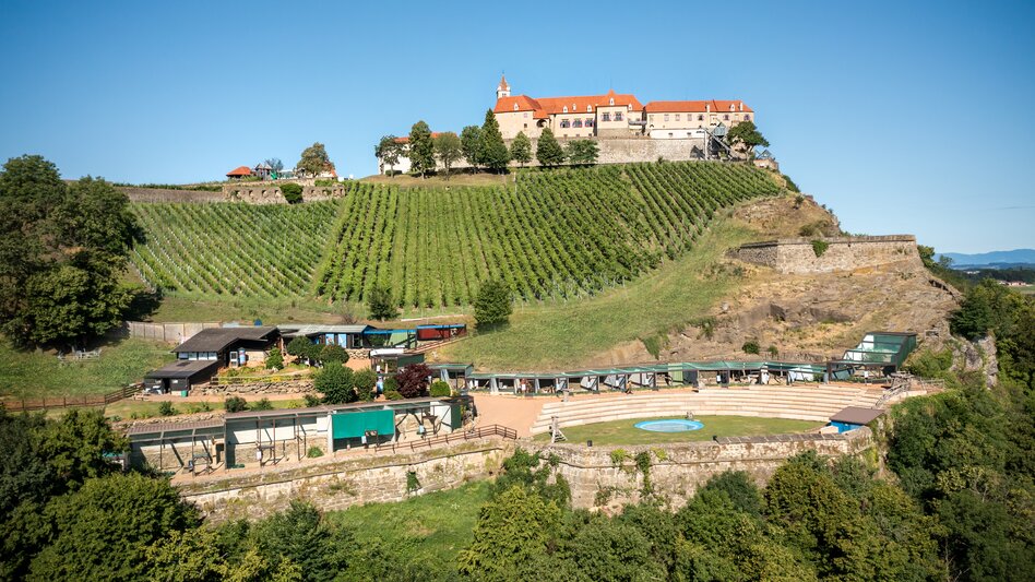 Greifvogelflugschau-Bühne unter dem Weingarten der Burg Riegersburg
