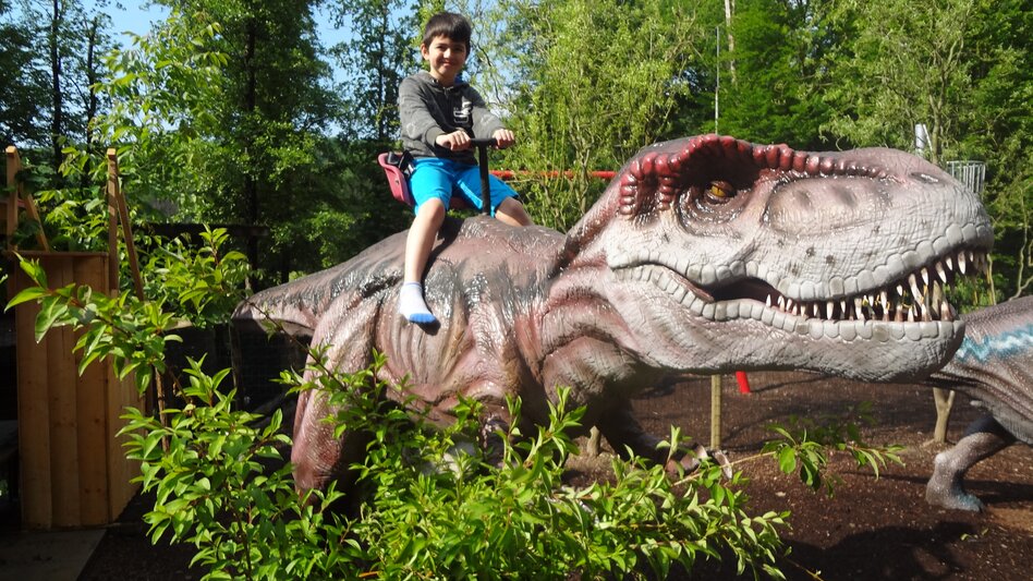 Junge auf T-Rex sitzend | © Styrassic Park GmbH