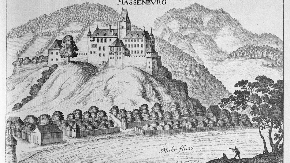 Hiking Route Massenburg Ruin - Leoben viewing platform - Touren-Impression #2.3 | © https://de.wikipedia.org/wiki/Ma%C3%9Fenburg#/media/File:Vischer_-_Topographia_Ducatus_Stiria_-_256_Massenburg_bei_Leoben.jpg