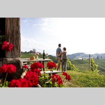 Hiking break at the Buschenschank with a view of the South Styrian vineyards | © Steiermark Tourismus | Tom Lamm