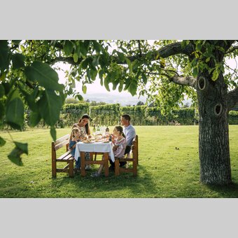 Family is dining under a walnut tree in Eastern Styria | © Steiermark Tourismus | Bernhard Bergmann