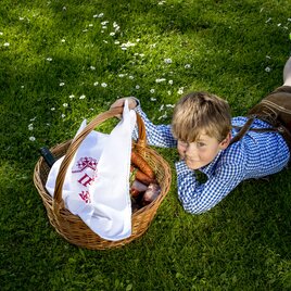 der Weihkorb zu Ostern: mit Osterbrot/Pinze, Geselchtem, Würstel, Ostereiern, Kren (Meerrettich), Salz, Wein, Palmbuschen,...
