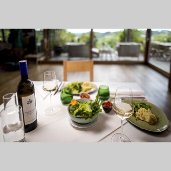 Die kulinarische Steiermark: Zucchininudeln mit Selleriepüree und Weißburgunder vom Weingut Kodolitsch | © STG | Tom Lamm