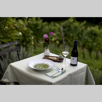 The culinary Styria: Soup of spincah and broccoli with a glas of "Gelber Mustkateller" of the wine-growing estate Kodolitsch | © Steiermark Tourismus | Tom Lamm