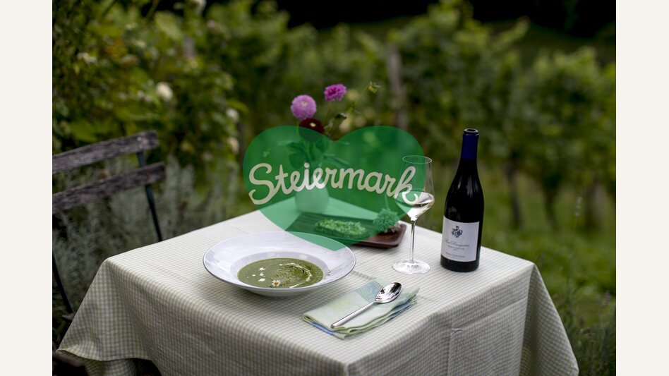 The culinary Styria: Soup of spincah and broccoli with a glas of "Gelber Mustkateller" of the wine-growing estate Kodolitsch | © Steiermark Tourismus | Tom Lamm