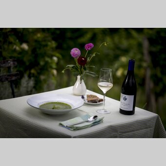 The culinary Styria: Soup of spinach and broccoli with a glas of "Gelber Mustkateller" of the wine-growing estate Kodolitsch | © Steiermark Tourismus | Tom Lamm