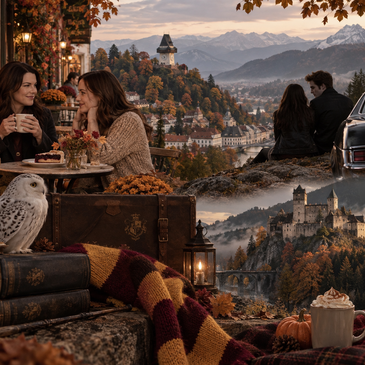 KI-generierte herbstliche Collage mit zwei Frauen an einem Cafétisch, einem Paar auf einem Felsen, einer weißen Eule, alten Büchern, Schal, Kürbissen und einer Burg vor einer alpinen Stadt- und Bergkulisse.