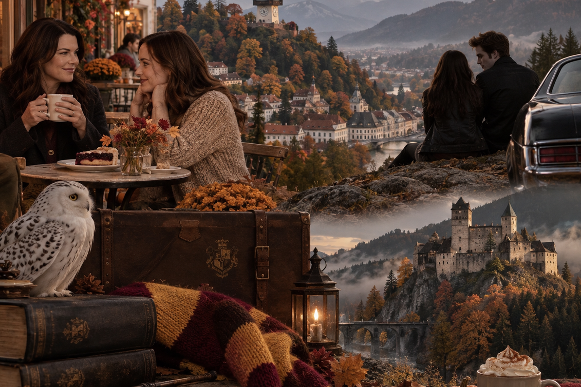 KI-generierte Herbstcollage mit Anspielungen auf Gilmore Girls, Twilight und Harry Potter vor einer steirisch anmutenden Berg- und Stadtlandschaft. | KI-generiert / OpenAI