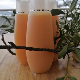 Drei Flaschen mit einer orangefarbenen Flüssigkeit stehen auf einem Holztisch. Im Hintergrund sind Äste mit grünen Blättern zu sehen. | © Urky