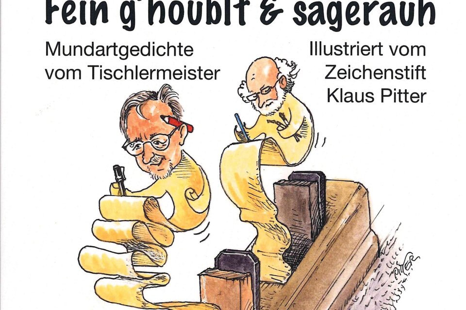 Eine illustrierte Zeichnung eines Holzhobel mit langen Hobelspänen mit jeweils zwei Karikaturen an den Enden.  | © Buchschmiede