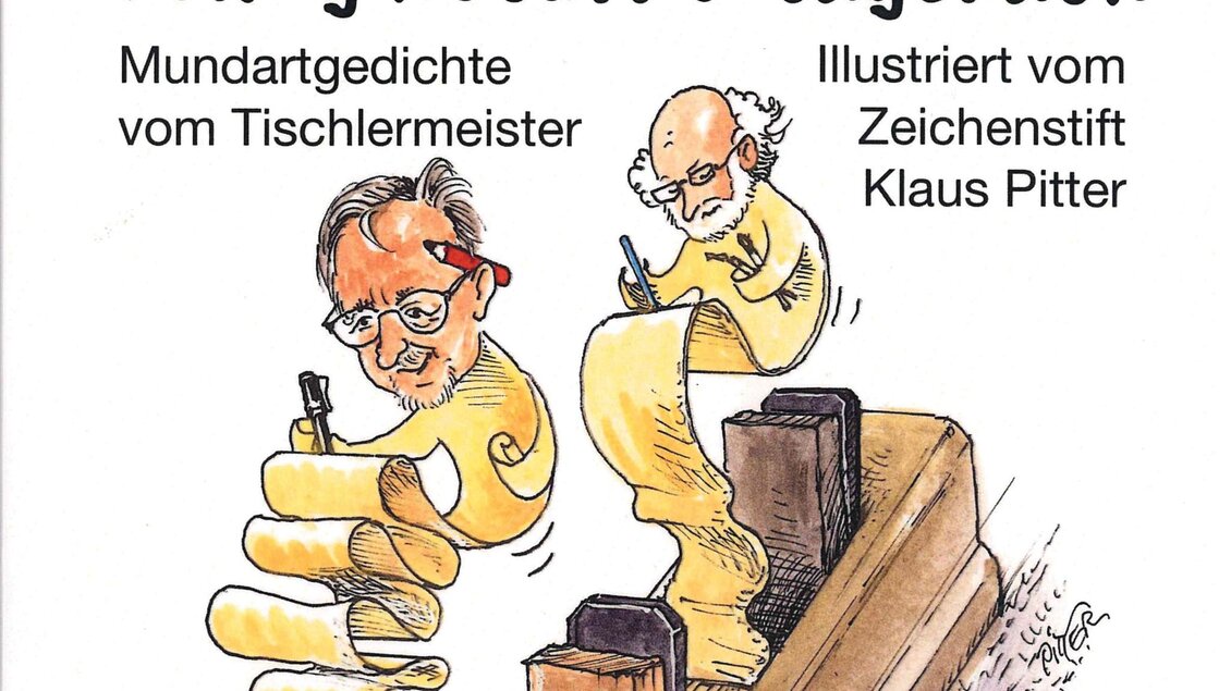 Eine illustrierte Zeichnung eines Holzhobel mit langen Hobelspänen mit jeweils zwei Karikaturen an den Enden.  | © Buchschmiede