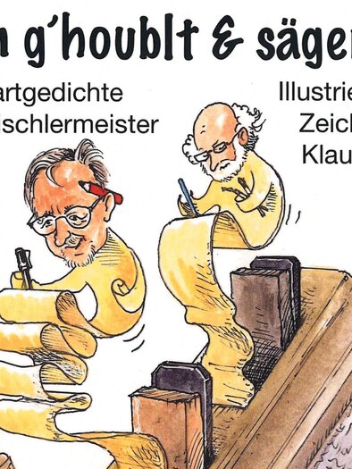 An illustrated drawing of a wood plane with long shavings, each featuring two caricatures at the ends. | © Buchschmiede
