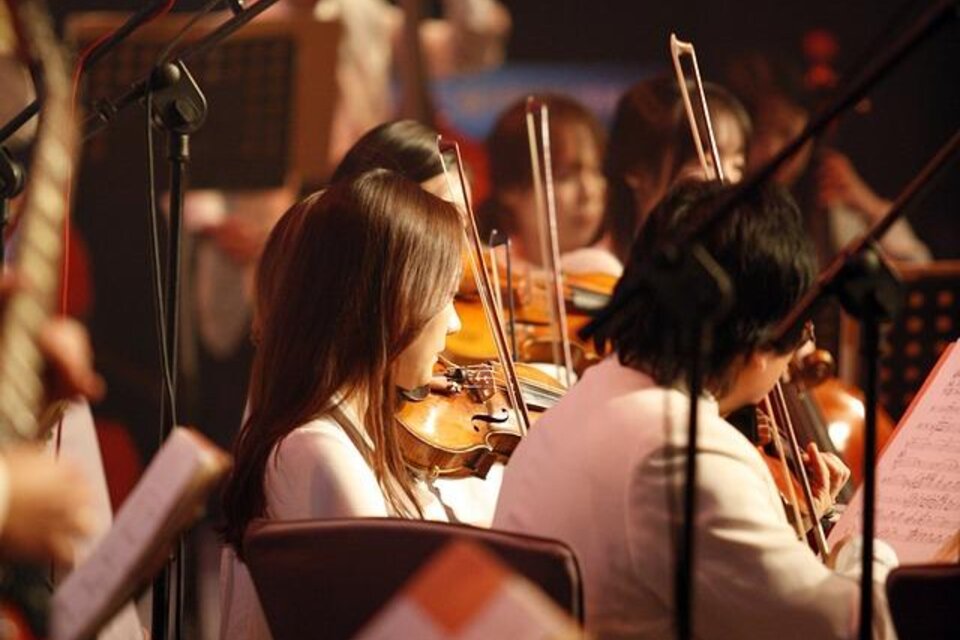 Ein Orchester spielt auf der Bühne, während die Musiker in weißen Hemden gekleidet sind. Die Violinisten konzentrieren sich auf ihre Instrumente und die Musik. | © pixabay