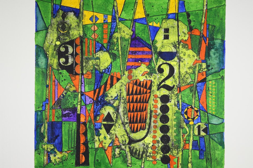 Ein farbenfrohes, abstraktes Kunstwerk mit geometrischen Formen und Zahlen. Die dominierenden Farben sind Grün, Blau, Orange und Schwarz. | © Franz Eigner