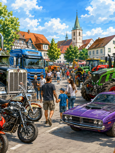 Symbolbild eines Fahrzeugtreffens mit Autos, Motorrädern, Traktoren und Besuchergruppe in Geistthal-Södingberg. | © ChatGPT-Christine Rotschädl