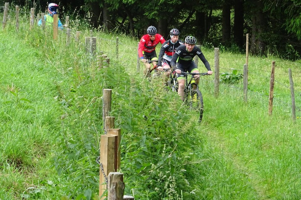Eine Gruppe von Mountainbikern fährt auf einem schmalen Weg durch eine grüne Wiese. Sträucher und Zäune umrahmen den Pfad, umgeben von Bäumen. | © Eva Reindl