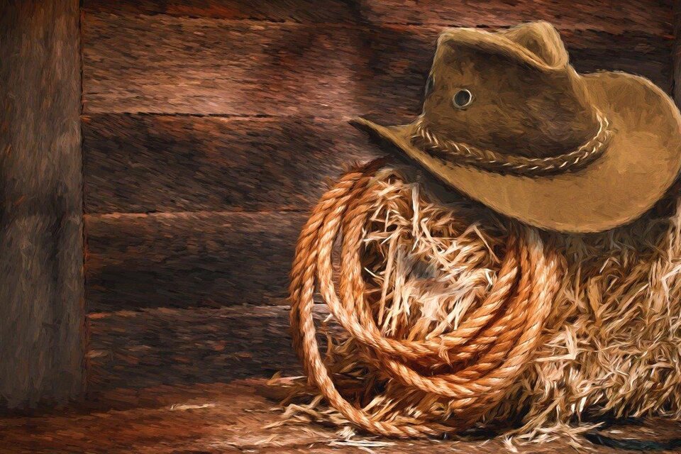 Ein brauner Cowboyhut ruht auf einem Heuballen, umgeben von Seil. Der Hintergrund besteht aus groben Holzbrettern.