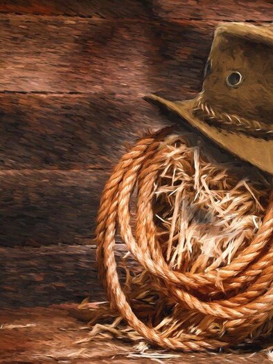 Ein brauner Cowboyhut ruht auf einem Heuballen, umgeben von Seil. Der Hintergrund besteht aus groben Holzbrettern.