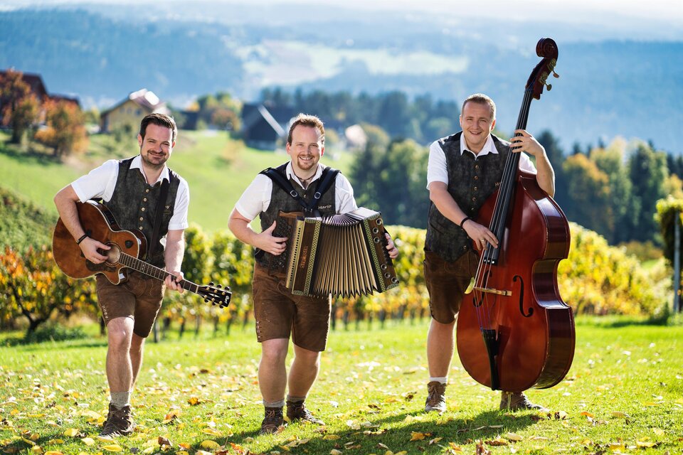 Zu sehen sind die Pagger Buam mit Instrumenten auf einer grünen Wiese. | © Pagger Buam