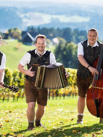 The Pagger Buam with instruments can be seen on a green meadow. | © Pagger Buam